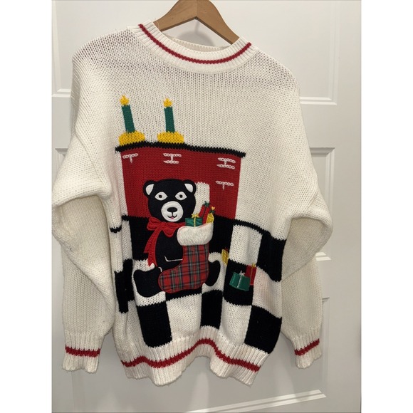 Knit works Tops - Vintage Santa Bear Sz Med Ugly Christmas Cream Acrylic Chunky Fun Sweater Korea‎